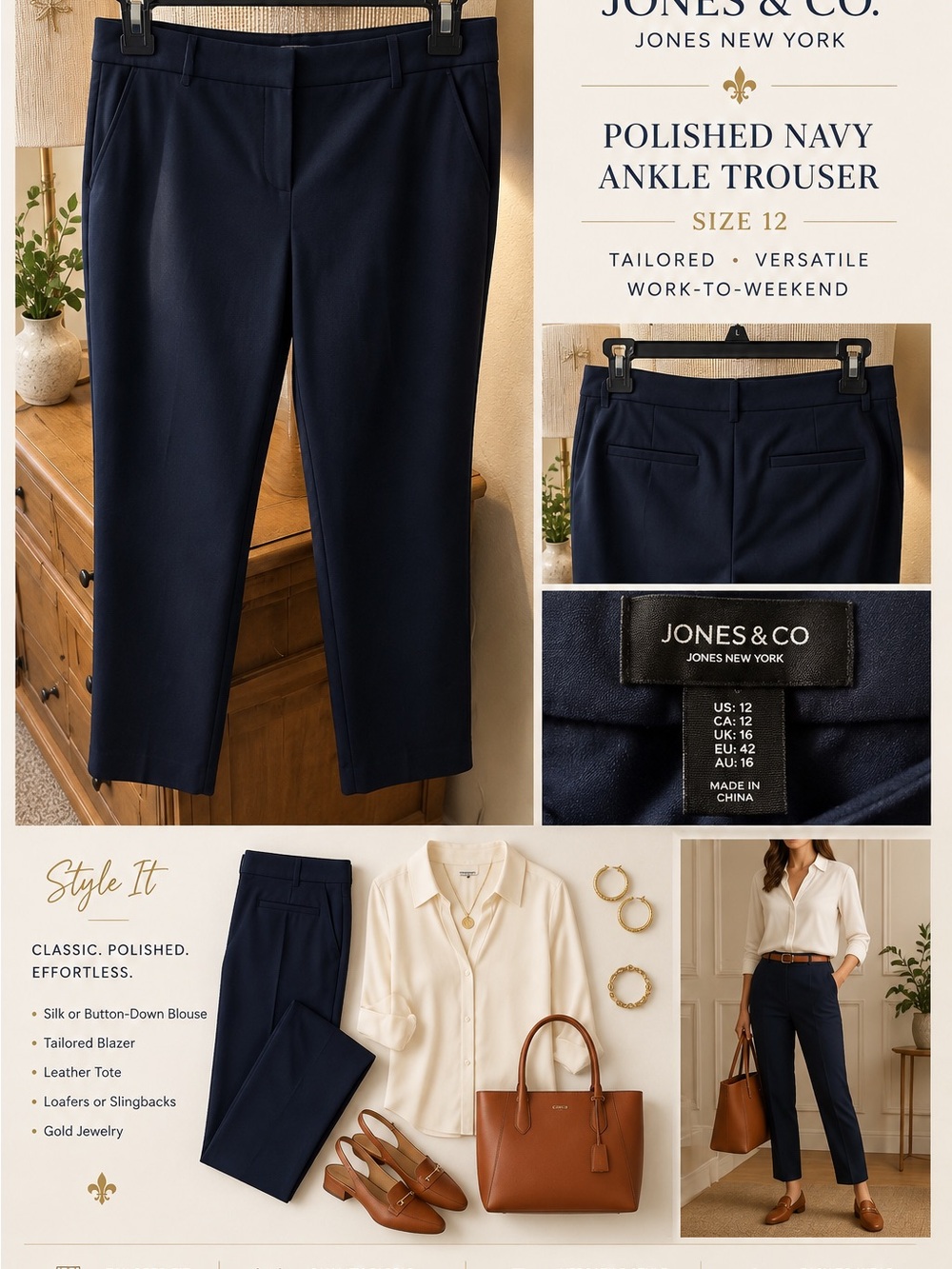 Jones New York Polished Navy Cropped Ankle Trousers